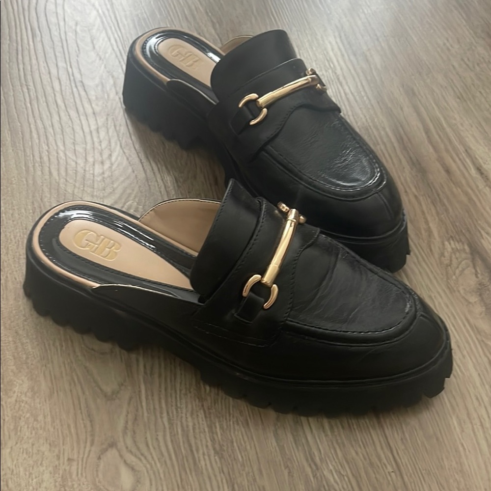 Gianni Bini Black and Gold Mules with Modern Platform